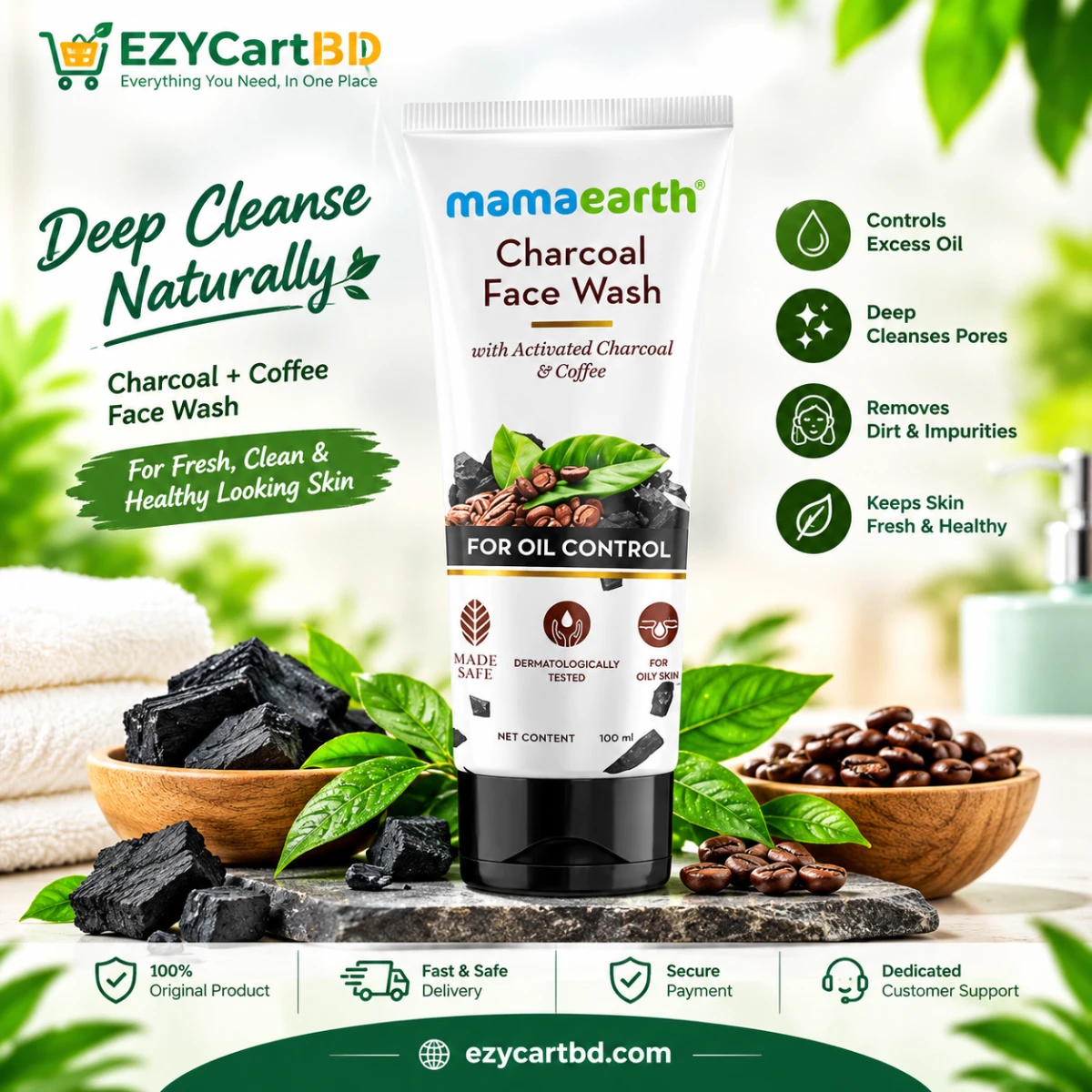 Mamaearth Charcoal Face Wash with Activated Charcoal & Coffee for Oil Control 100ml