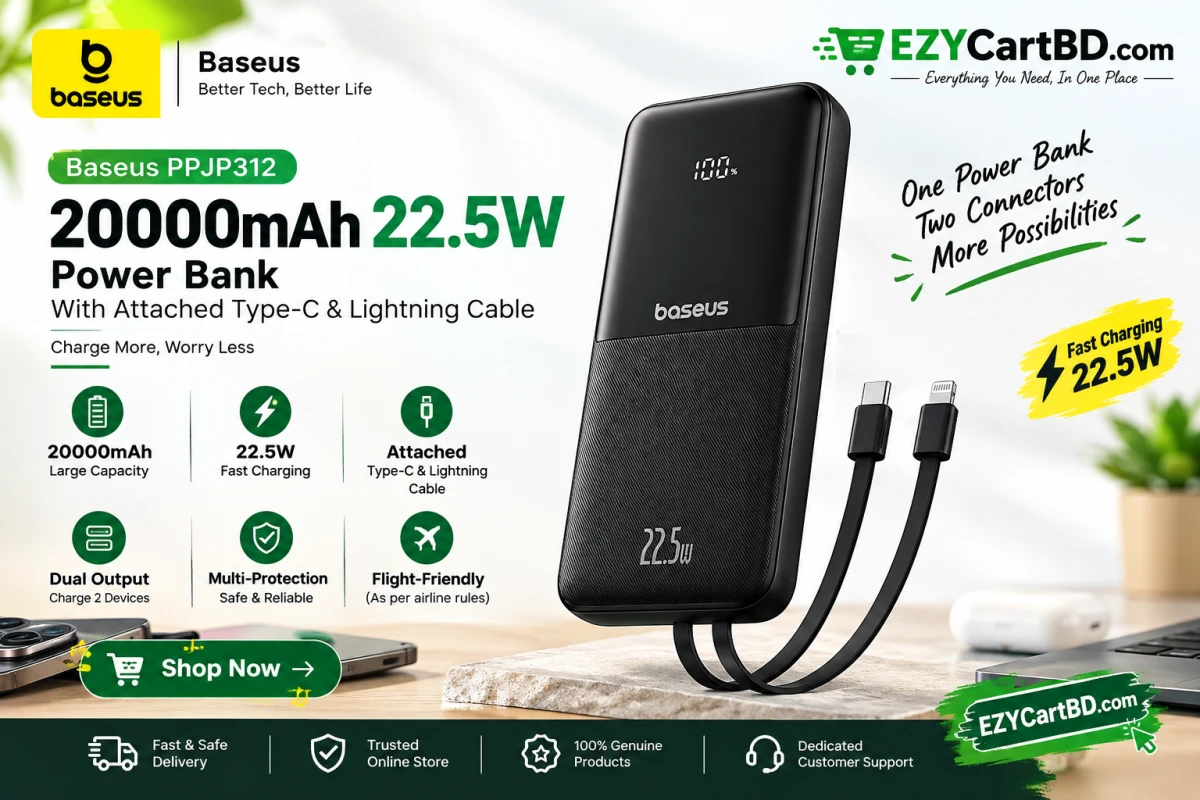 Baseus PPJP312 20000mAh 22.5W Power Bank with Built-in Cables